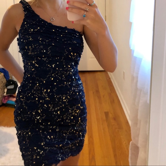 Ruby Rox Dresses & Skirts - dark blue ruffled dress with gold splatters